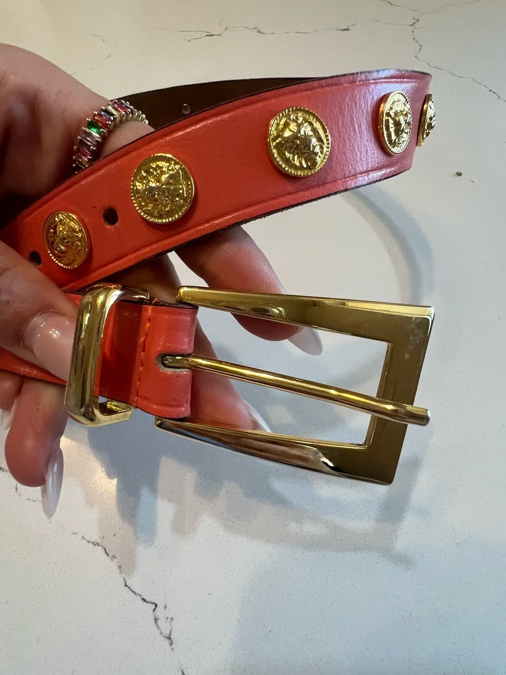 The Limited Belt Gold Lion Medallion Coral Leather Studded Belt Small S preloved